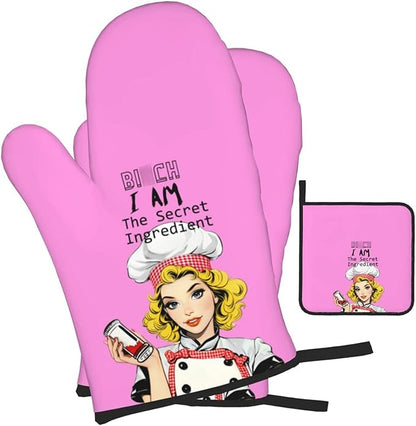 Funny Oven Mitts and Pot Holders Sets, Cute Kitchen Oven Mitts Heat Resistant Set of 3, Pink Kitchen Gloves Hot Pads, Funny Baker Gifts for Baking Lovers Women