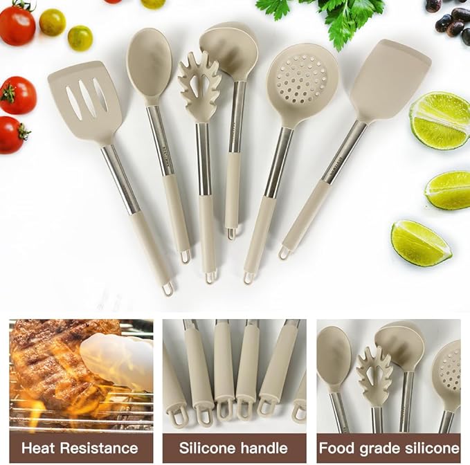 Kitchen Utensils Set-Silicone Cooking Utensils-33pcs Non-Stick Silicone Cooking Kitchen Utensils Spatula Set with Holder-Best Kitchen Cookware with Stainless Steel Handle (Khaki) - Image 7