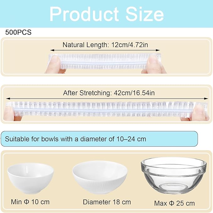 500pcs Plastic Bowl Covers Food Cover, Food Fresh Keeping Bags Elastic Reusable Plastic Stretch Elastic Food Storage Covers Kitchen Dining Plate Bread Proofing Universal Kitchen Wrap (Color-M) - Image 2
