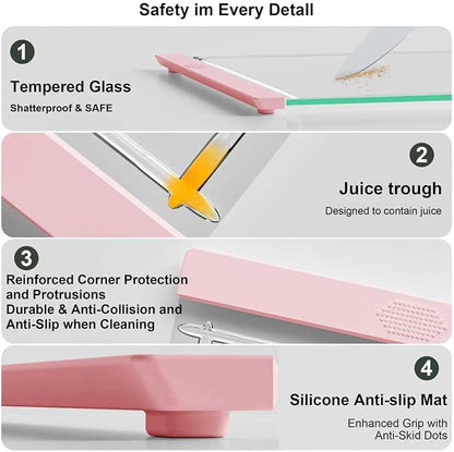 Tempered Glass Cutting Board Set for Kitchen Counter - Dishwasher Safe with Juice Grooves, Non-Slip Silicone Edges & Beveled Grip - 16"x12" & 12"x8" Serving Tray - Pink