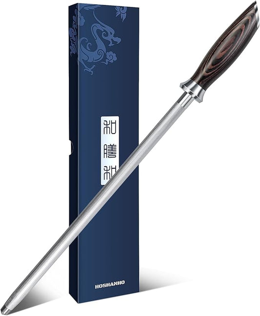 HOSHANHO Honing Rod,12 Inch Professional Kitchen Knife Sharpener Rod, Japanese High Carbon Knife Sharpening Steel with Ergonomic Pakkawood Handle, Ideal for All Chef Knives by HOSHANHO