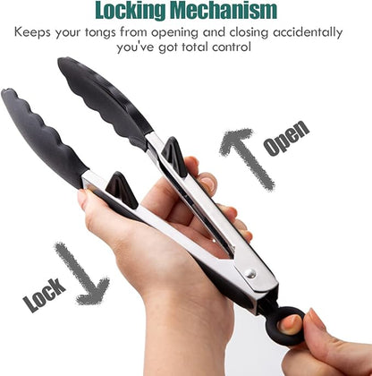 Silicone Kitchen Tongs, 3Pcs Tongs for Cooking with Silicone Tips, Food Grade Small Tong, Mini Serving Tong for BBQ Salad, Black, 7"+9"+12"
