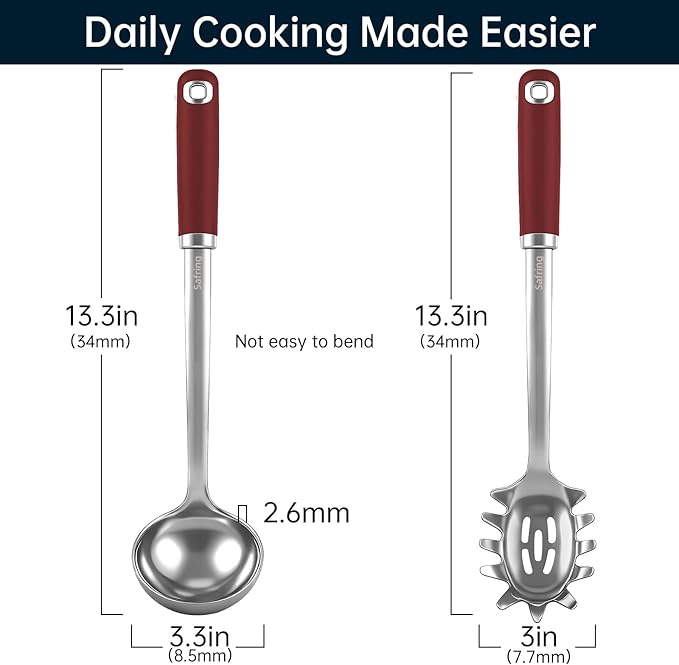 Safring Stainless Steel Soup Ladle and Spaghetti Spoon Set, Heat Resistant Rubber Handle, Dishwasher Safe, Kitchen Utensils for Cooking, Stirring, Serving Pasta, Soup & Sauce (Red) - Image 2