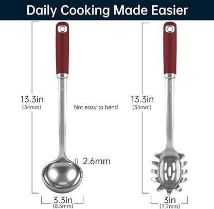 Safring Stainless Steel Soup Ladle and Spaghetti Spoon Set, Heat Resistant Rubber Handle, Dishwasher Safe, Kitchen Utensils for Cooking, Stirring, Serving Pasta, Soup & Sauce (Red) - Image 2