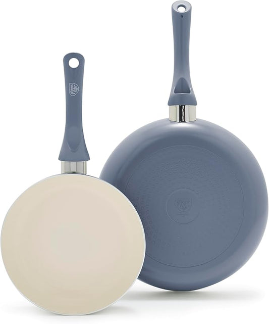 GreenLife 2-Piece Nonstick Frying Pan Set, 8” & 10” Skillets, Non-Toxic Ceramic Cookware, Dishwasher Safe, Stay-Cool Handles, Induction Ready, Fast Heating, Omelet Pan, PFAS Free, Slate Blue