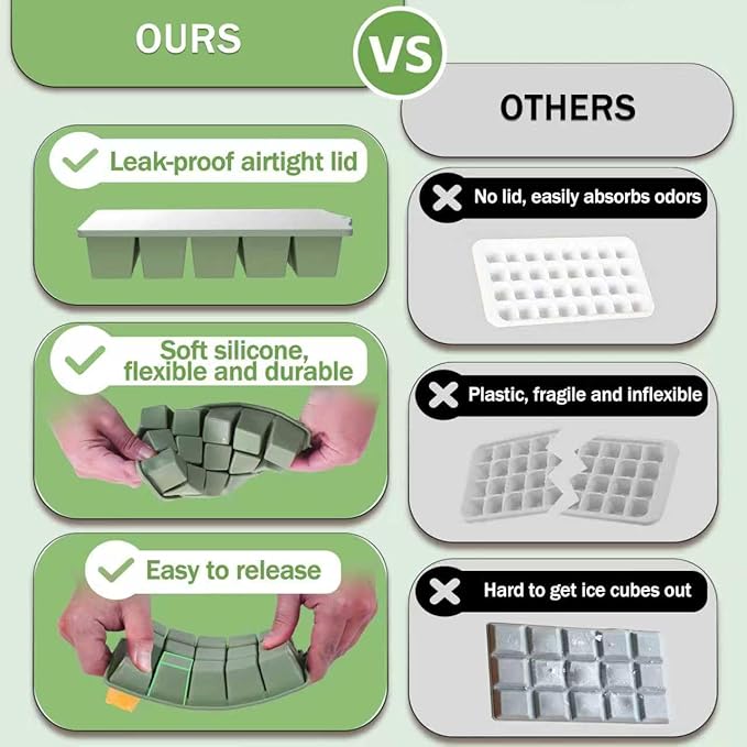 Ice Cube Trays for Freezer, 2 Pack Easy Release Slicone Ice Cube Tray with Lid, BPA Free Stackable Flexible Ice Molds 15 Square Reusable Ice Cubes for Whiskey, Baby Food, Iced Coffee (Green) - Image 6