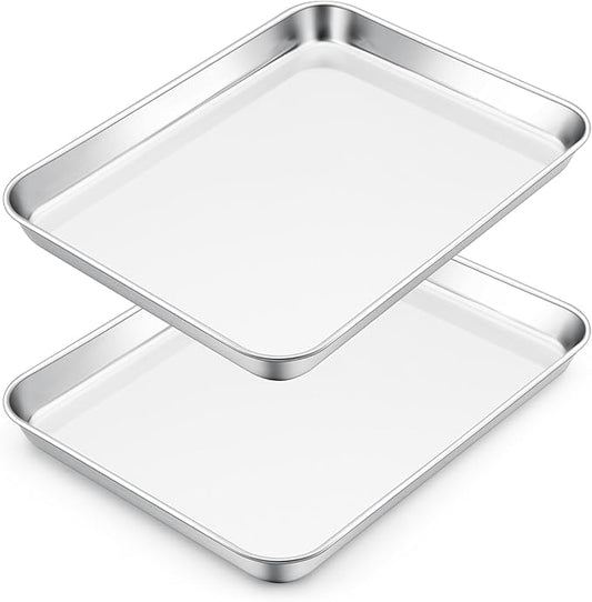 E-far Small Baking Sheet Set of 2, 10.5”x8.3” Stainless Steel Cookie Sheets Pans, Compact Non-toxic Metal Toaster Oven Trays for Cake, Healthy & Rust Free, Mirror Finish & Dishwasher Safe by E-far