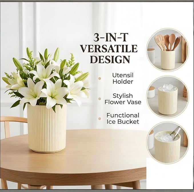 QUELIEN Utensil Holder, 360° Rotating Ceramic Kitchen Utensil Holder for Countertop, 7.7" Utensil Crock for Kitchen Counter with Rotatable Wooden Base,Ideal Housewarming Gift & Mothers Day Gift