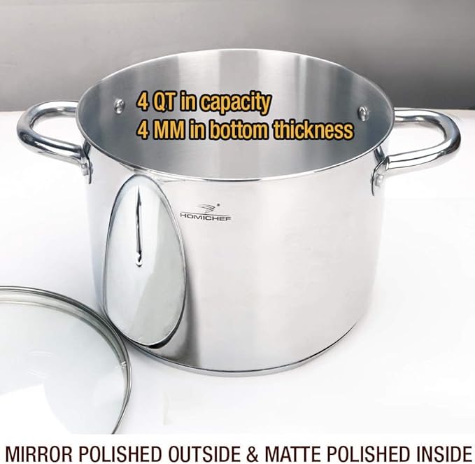 HOMICHEF Small Stock Pot 4 Quart Nickel Free Stainless Steel - Small 4Qt Stockpot With Glass Lid - Soup Pot Cooking Pot 4 Quart - Image 2