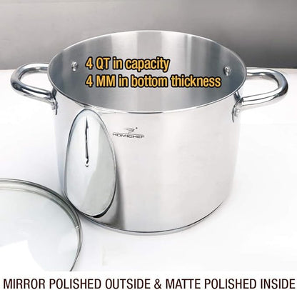 HOMICHEF Small Stock Pot 4 Quart Nickel Free Stainless Steel - Small 4Qt Stockpot With Glass Lid - Soup Pot Cooking Pot 4 Quart - Image 2