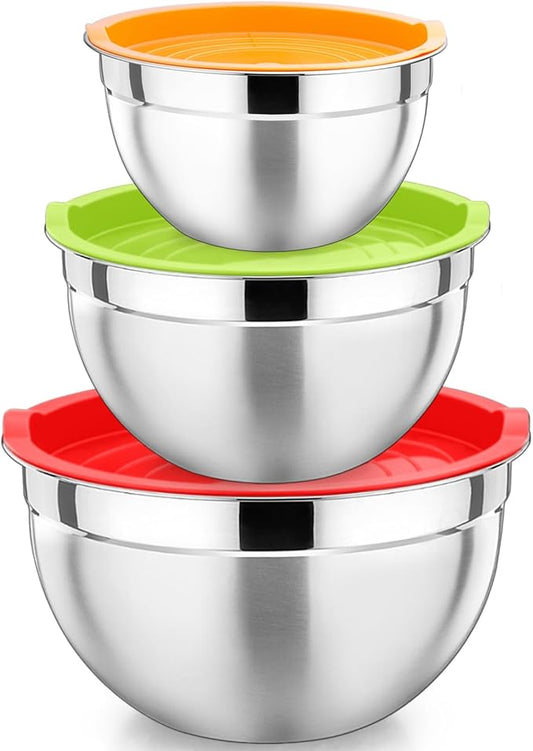 P&P CHEF Multicolor Mixing Bowls with Lids, Set of 3, Stainless Steel Salad Nesting Bowl for Mixing, Storing, Prepping, Airtight & Stackable, Size 4.6/3 /1.5 QT by PPCHEF
