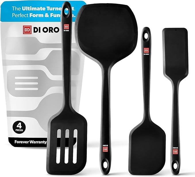 DI ORO Silicone Turner Spatula Set - Kitchen Spatulas for Nonstick Cookware - Cooking Utensils for Flipping Eggs & Pancakes - 600°F Heat-Resistant BPA Free Turners - Dishwasher Safe (4pc, Black) by DIORO