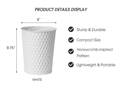 Venalys Small Metal Trash Can Wastebasket, Decorative Honeycomb Garbage Can Waste Basket, Modern Farmhouse Round Trash Bin for Bathroom, Bedroom, Kitchen and Office (White)