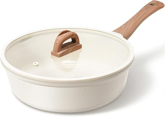 Ceramic Nonstick Frying Pan with Lid, 4.0 QT Sauté Pan Large Capacity Skillet, Non Stick Deep Frying Pan Induction Compatible White Granite Coating PFOA/PFAS Free Non-toxic Healthy Kitchen Cookware by useluck
