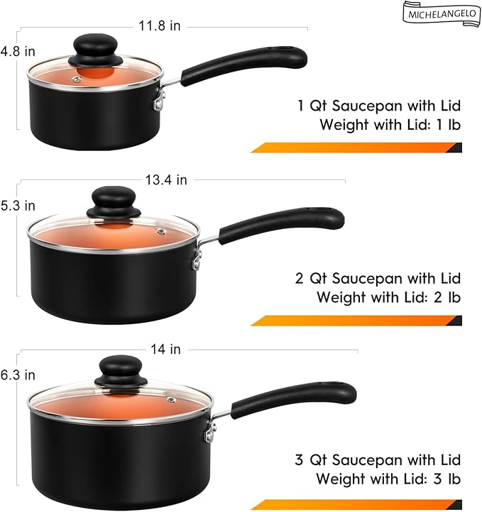 MICHELANGELO Nonstick Sauce Pan with Lid 1QT, 2QT & 3QT, Ceramic Saucepan Set, Copper Sauce pans, Non-Toxic Saucepan, Multipurpose Cooking Pots Set For Home Kitchen, Compatible induction - Image 6