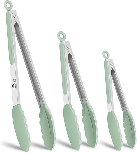 HOTEC Premium Stainless Steel Locking Kitchen Tongs with Silicon Tips, Set of 3-7", 9" and 12" (Light Green) by Hotec