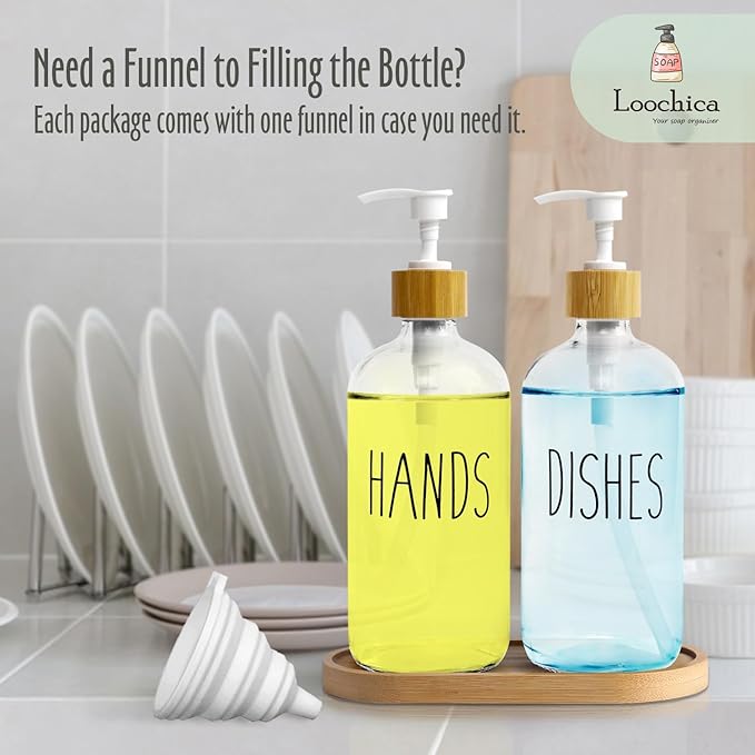 LOOCHICA Clear Glass Soap Dispenser Set with Tray, Transparent Dish and Hand Soap Dispenser Set, Refillable Reusable Apothecary Soap Pump Dispenser Bottles for Bathroom and Kitchen - Image 9