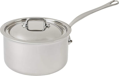 Mauviel M'Cook 5-Ply Polished Stainless Steel Sauce Pan With Lid, Cast Stainless Steel Handle, 2.6-qt, Made In France