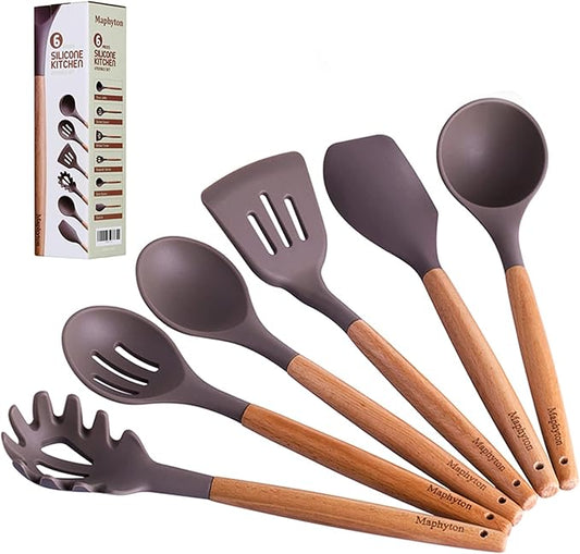 Mapthon Silicone Cooking Kitchen Utensils Set 6 PCS with Wooden Handle for Non-Sticker Cookware Heat-Resistant Kitchen Gadgets Serving Spoons, Slotted Turner, Spatula, Spaghetti Server(Grey)
