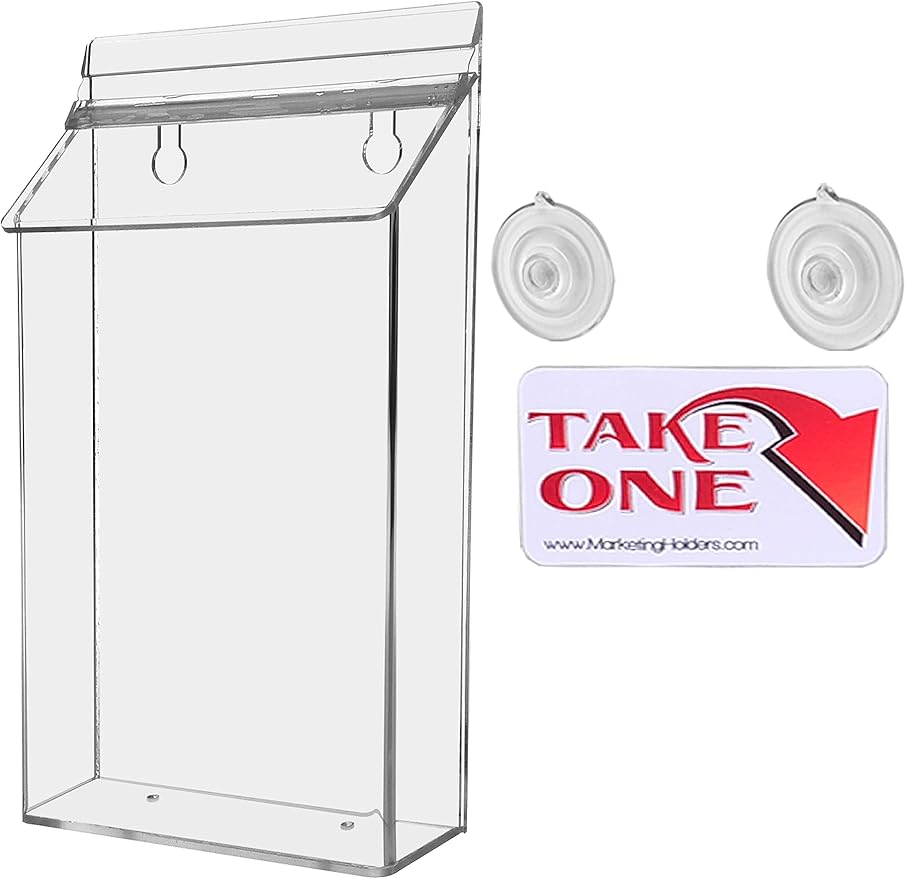 Suction Cup Outdoor Brochure Holder for 6 x 10 Inch Pamphlets and Handouts Window or Glass Wall Mount Includes Take One Sticker Clear Acrylic Advertisement Box by Marketing Holders
