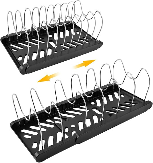 Expandable Pot and Pan Organizer Rack for Kitchen Cabinet or Under Sink,with 10 Adjustable Compartment 13"-23" Adjustable Length for Lids Bakeware Frying Rack and Cookware(COLOR:Black)