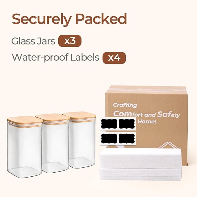 ComSaf 1.4 Qt Glass Storage Containers with Lids, Glass Jars with Lids, Clear Food Storage Jar, Square Canister Set of 3, Pantry Organizers and Storage for Flour Oat Pasta Tea Cookie Coffee Bean - Image 8