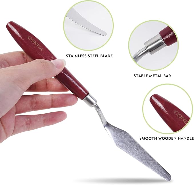 CONDA 5 Pcs Palette Knife Painting with 3 Plastic Scrapers, Stainless Steel Spatula Palette Knife Oil Paint Metal Knives Wood Handle - Image 5