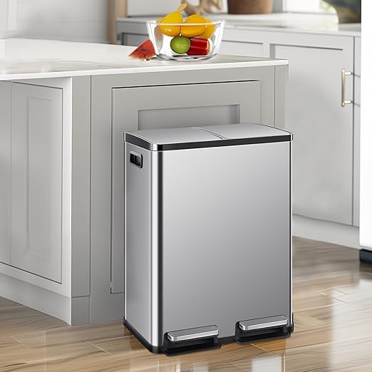 2×8 Gallon Kitchen Trash Can with Lid - Large Stainless Steel Garbage Can with Soft-Close Foot Pedal and Removable & Compartment PlasticInner Bucke, Trash Bin for Home, Bedroom, Office - Image 2