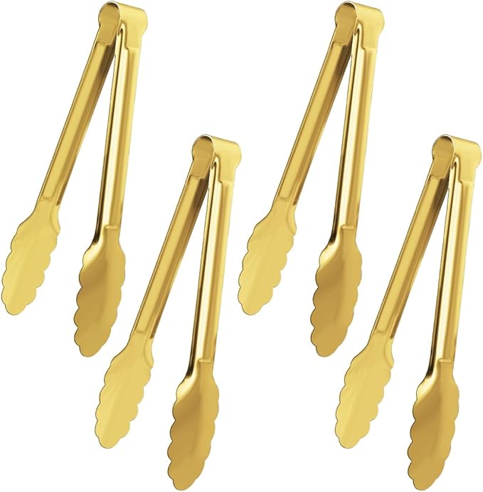 4 Pack Gold Serving Tongs XEVOM Buffet Tongs Serving Utensils Salad Tongs Stainless Steel Gold Plated Buffet Serving Tongs,9 Inch by XEVOM