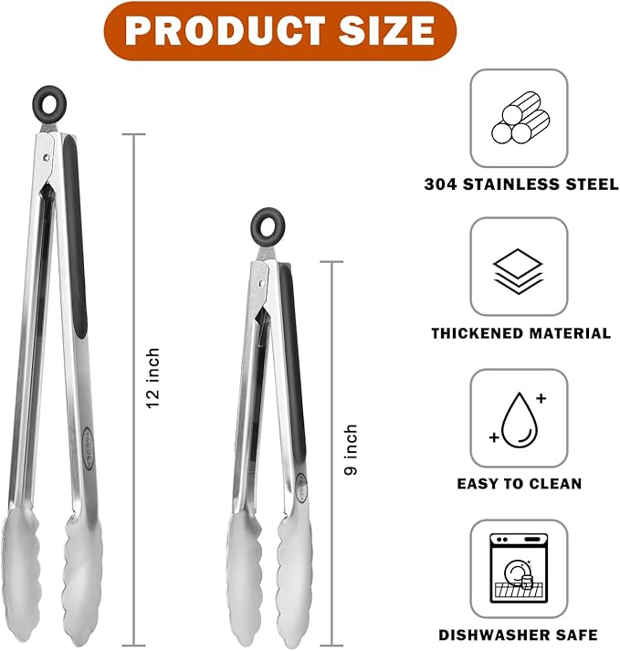 TACGEA Stainless Steel Kitchen Tongs, Silicone Non-slip Grip, Locking Grilling Food Tongs Set of 2, 9-inch & 12-inch - Image 2
