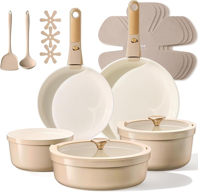 CAROTE 18 Pcs Ceramic Cookware Set Titanium Nonstick with Detachable Handles, Non Toxic Cookware, Pots and Pans Set Non Stick Removable Handles, Induction Available, Kitchen Cooking, Dishwasher Safe by CAROTE