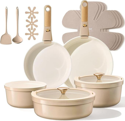 CAROTE 18 Pcs Ceramic Cookware Set Titanium Nonstick with Detachable Handles, Non Toxic Cookware, Pots and Pans Set Non Stick Removable Handles, Induction Available, Kitchen Cooking, Dishwasher Safe by CAROTE