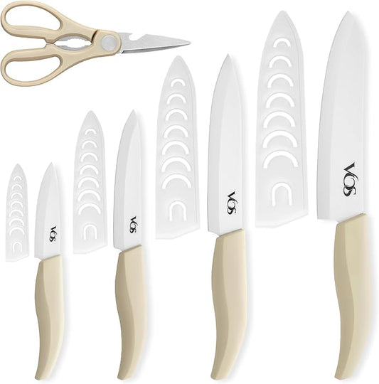 Vos ceramic knives set for kitchen in gift box, 5 ceramic knife with cover with scissors, 3" 4" 5" 6" ultra sharp knives for home cooks, lightweight, rust-free, dishwasher safe (Off-white handle)