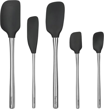 Tovolo Stainless Steel Handled Silicone Spatula Set of 5, Dishwasher Safe Kitchen Spatula Set for Cooking Baking, BPA Free Silicone Spatula set with Metal Steel Handle, Black