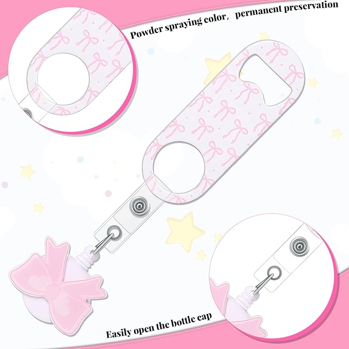 Honoson 8 Pieces Retractable Flat Bottle Opener Bartender Beer Opener with Round Badge Reel Clips Holder Bar Keys for Bartender Gifts Kitchen Home Party Supplies (Bow,Pink) - Image 3