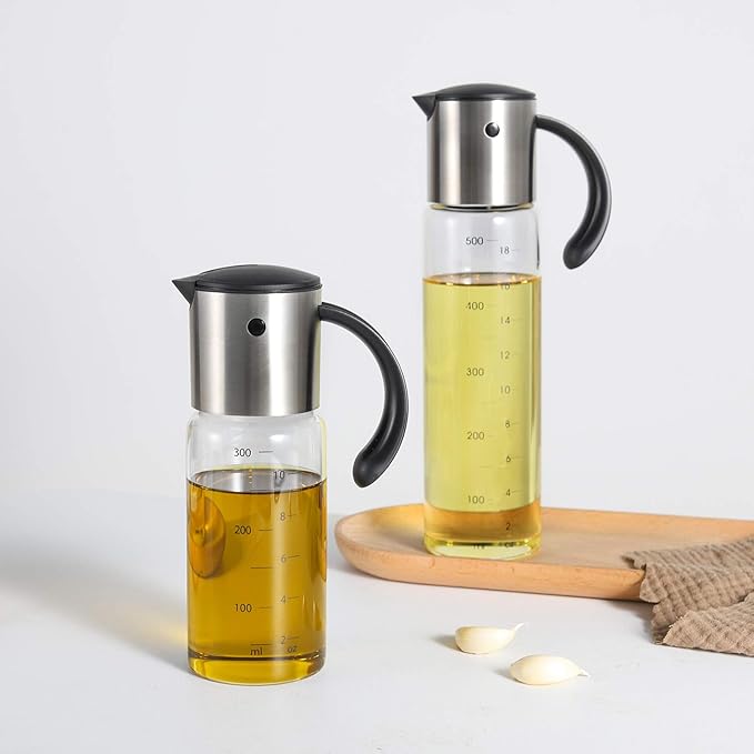 Vucchini Large Olive Oil Dispenser Bottle Kitchen Cooking Oil Dispenser Auto Flip Soy Sauce Container -Stainless Steel Leakproof Vinegar Glass Cruet (10 oz and 17 oz Set) - Image 8