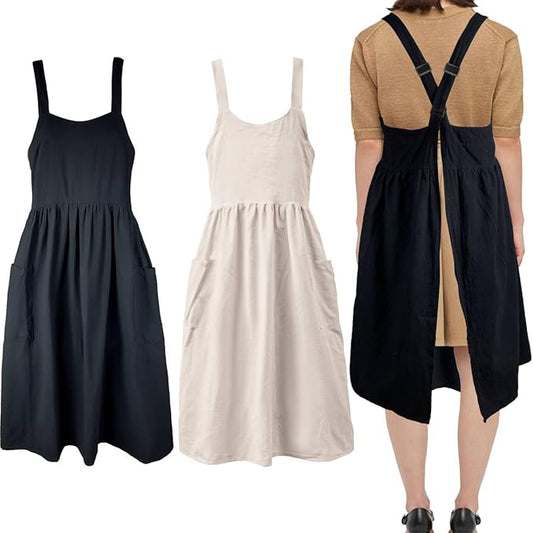 Uaussi Cotton Linen Apron Cross Back Work Apron for Women with Pockets Pinafore Dress X Cross Halter Apron for Chef Gardening by Uaussi