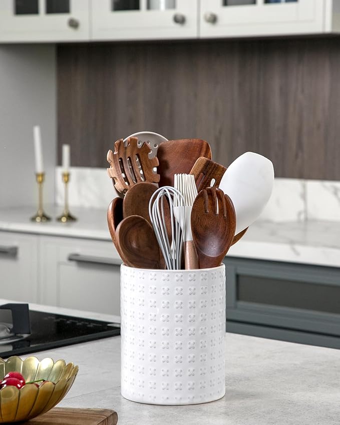 Nucookery 6.4'' Utensil Holder - Ceramic Utensil Holder for Kitchen Counter, Large Capacity Countertop Storage, Farmhouse Style Utensil Crock Organizer for Spoons, Spatulas & Cooking Tools - Image 4