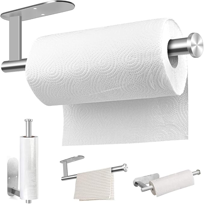 MGahyi Paper Towel Holder Wall Mount, Self Adhesive Or Drilling Paper Towel Holder Under Cabinet, 13.2 inch Stainless Steel Kitchen Paper Towel Roll Rack, Bathroom Towel Roll Hanger(Silver, Rectangle) by MGahyi