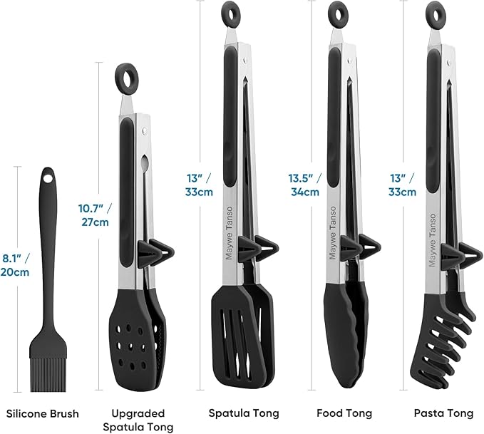 5-Pack Silicone Tongs for Cooking,Maywe Tanso 4PCS 13-Inch Kitchen Tongs with Silicone Tips,Nonstick Stainless Steel Tong for Steak Pie Pizza Pasta Spaghetti Salad BBQ Buffet,Plus Brush - Image 5