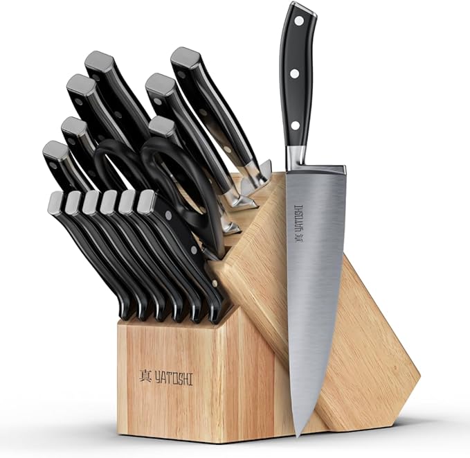 Yatoshi 15 Piece Black Knife Block Set - Pro Kitchen Knife Set Ultra Sharp High Carbon Stainless Steel with Ergonomic Handle by YatoshiKnives