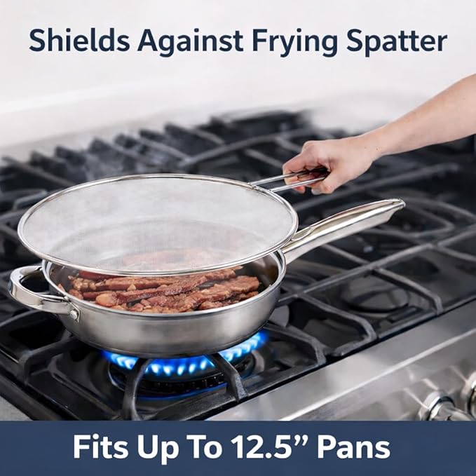 HIC Kitchen Splatter Screen, 18/8 Stainless Steel with Fine Mesh, 13-Inch, Fits Up To 12.5-Inch Pans - Image 2