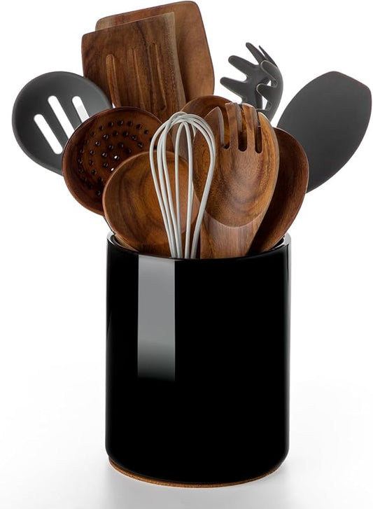 Nucookery Utensil Holder, 6.4" Ceramic Kitchen Utensil Holder with Countertop-Protection Cork Bottom, Farmhouse Kitchen Decor for Counter (Black) by Nucookery