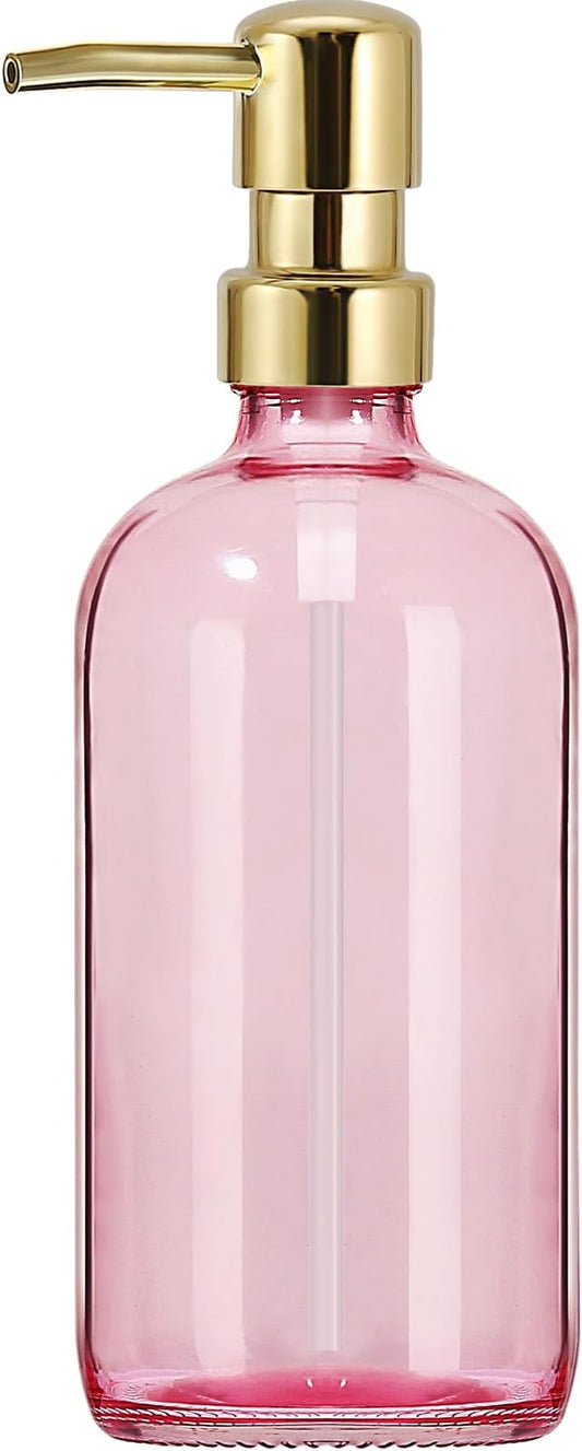 GMISUN Pink Soap Dispenser Bathroom, 1 Pack Glass Dish Soap Dispensers for Kitchen with Rustproof Plastic Gold Pump, 17 Fl Oz Bathroom Hand Soap Dispenser, Modern Liquid Dishwashing Dispensers Bottle by GMISUN