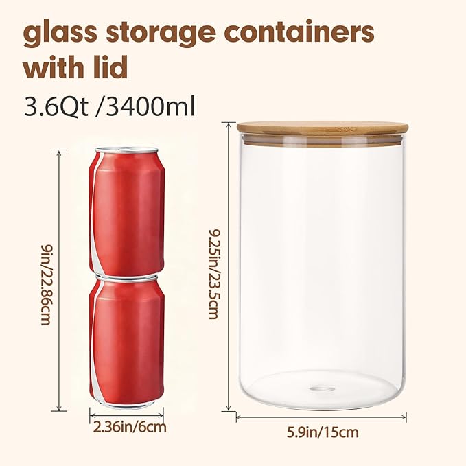 Moretoes 2 Pack 3.6qt Round Glass Storage Containers with Bamboo Press Lids, Extra Large Airtight Pantry Storage Jars for Flour, Sugar, Bulk Dry Goods