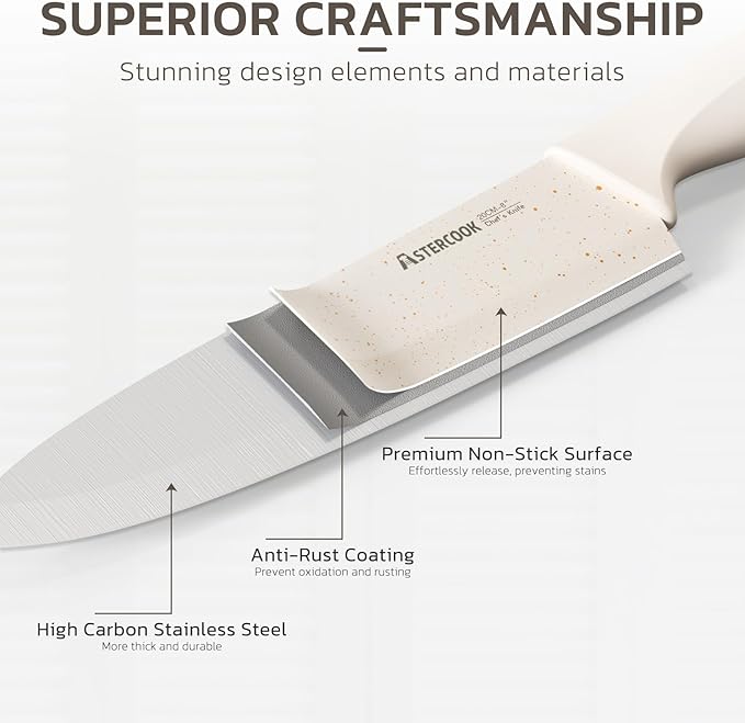 Astercook Knife Set, 15 Pieces Kitchen Knife Set with Sharpener Block, German Stainless Steel Knives Set with Anti-Rust Coating, Dishwasher Safe Elegant Cream White Knife Block Sets, Mothers Day Gifts - Image 6