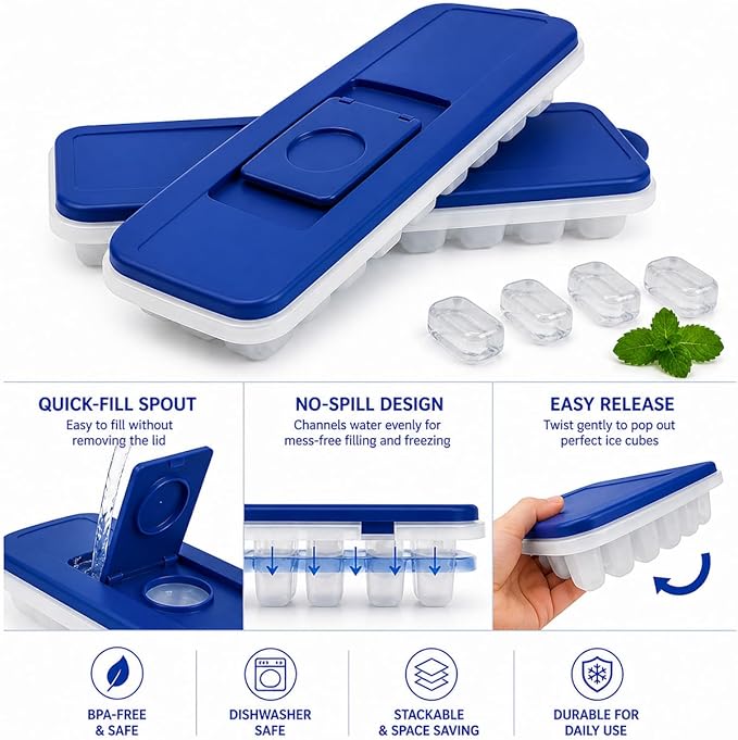 2-Pack No-Spill Ice Cube Trays with Lids – BPA-Free, Easy Release & Stackable Freezer Trays – Covered Ice Molds for Drinks, Whiskey, Cocktails, and Juice – Blue