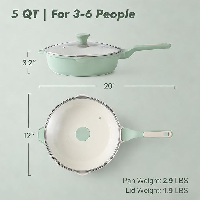SENSARTE Nonstick Ceramic Skillet with Lid 12-inch/5QT, Non Toxic Deep Frying Pan, Saute Pan with Lid, Stay-cool Handle, Healthy Cooking Pot Dishwasher Safe, Induction Compatible, Green - Image 6