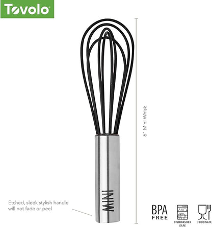 Tovolo Mini Whisk Stainless Steel 6 Inch Tiny Whipper Silicone Whisker for Cooking Blending Mixing Stirring Whisking Egg Beating, Easy to Clean Dishwasher Safe Small Kitchen Mini Metal Whisk, Black