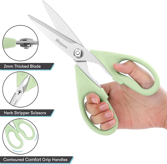 Kitchen Shears, iBayam Kitchen Scissors All Purpose Heavy Duty Meat Scissors Poultry Shears, Dishwasher Safe Food Cooking Scissor Stainless Steel Utility Scissor, 2-Pack, Light Blue, Pistachio - Image 4